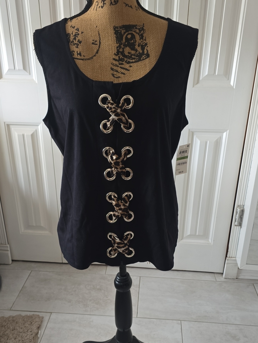 INC International Concepts Black Tank Top with Leopard-Print Lace-Up Accents